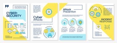 Siber güvenlik stratejisi mavi ve sarı broşür. Altyapı, olay tepkisi. Renk çizgisi simgeli broşür reklam tasarımı. Düzenlenebilir 4 sayfa. Questrial, Lato-Düzenli yazı tipleri