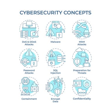 Siber güvenlik yumuşak mavi konsept simgeleri. İğne, kişisel mahremiyet. Ddos saldırısı. İnternet koruması. Simge paketi. Vektör görüntüleri. Broşür ve kitapçık için yuvarlak şekilli çizimler. Soyut fikir