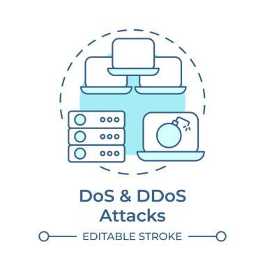 DoS ve Ddos yumuşak mavi konsept ikona saldırıyor. Ağ zayıflığı, veritabanı yönetimi. Yuvarlak şekil çizimi. Soyut bir fikir. Grafik tasarımı. Broşürde kullanması kolay, kitapçık.