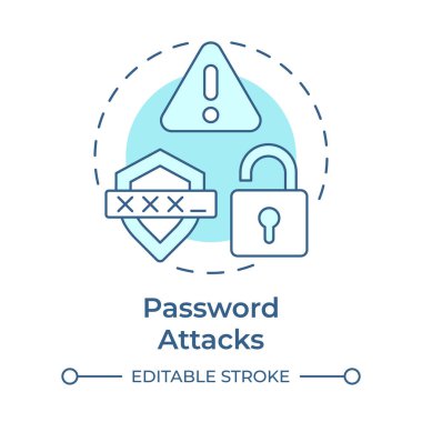 Şifre saldırıları yumuşak mavi konsept simgesi. Sistem savunmasızlığı. Siber güvenlik, izinsiz giriş. Yuvarlak şekil çizimi. Soyut bir fikir. Grafik tasarımı. Broşürde kullanması kolay, kitapçık.