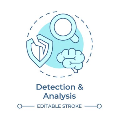 Yumuşak mavi konsept ikonunu tespit et ve analiz et. Risk yönetimi, güvenliği hackleme. İncinebilirlik değerlendirmesi. Yuvarlak şekil çizimi. Soyut bir fikir. Grafik tasarımı. Broşürde kullanması kolay