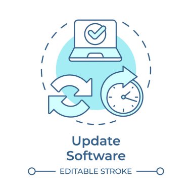 Yazılım yumuşak mavi konsept simgesini güncelle. Zaman yönetimi, sistem senkronizasyonu. Performans arttırımı. Yuvarlak şekil çizimi. Soyut bir fikir. Grafik tasarımı. Broşürde kullanması kolay, kitapçık.