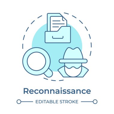 Keşif için yumuşak mavi konsept simgesi. Belge yönetimi, araştırma sistemi. Bilgi takibi. Yuvarlak şekil çizimi. Soyut bir fikir. Grafik tasarımı. Broşürde kullanması kolay, kitapçık.