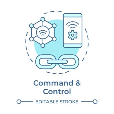 Yumuşak mavi konsept simgesini yönet ve kontrol et. Uzaktan yapılandırma, ağ yönetimi. Yuvarlak şekil çizimi. Soyut bir fikir. Grafik tasarımı. Broşürde kullanması kolay, kitapçık.