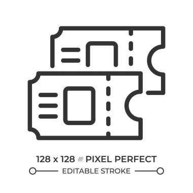 Biletler piksel mükemmel çizgi simgesi. Toplu taşıma makbuzları. Eğlence etkinliğine giriş kartı. Yaşam tarzı. İzole vektör çizimi. Taslak sembol. Basit doğrusal çizim. Düzenlenebilir vuruş
