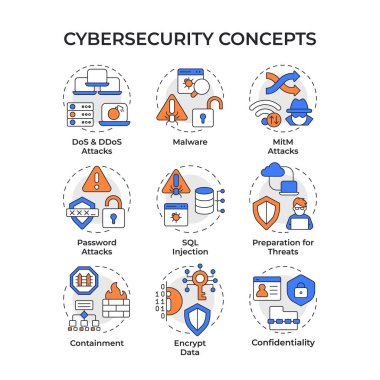 Siber güvenlik çok renkli konsept simgeleri. İğne, kişisel mahremiyet. Ddos saldırısı. İnternet koruması. Simge paketi. Vektör görüntüleri. Broşür ve kitapçık için yuvarlak şekilli çizimler. Soyut fikir