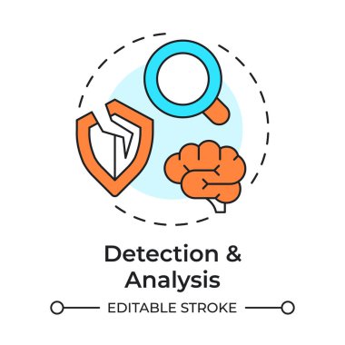 Tespit ve analiz çok renkli konsept simgesi. Risk yönetimi, güvenliği hackleme. İncinebilirlik değerlendirmesi. Yuvarlak şekil çizimi. Soyut bir fikir. Grafik tasarımı. Broşürde kullanması kolay