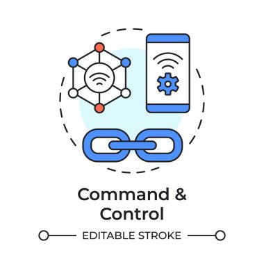 Komut ve kontrol çok renkli konsept simgesi. Uzaktan yapılandırma, ağ yönetimi. Yuvarlak şekil çizimi. Soyut bir fikir. Grafik tasarımı. Broşürde kullanması kolay, kitapçık.