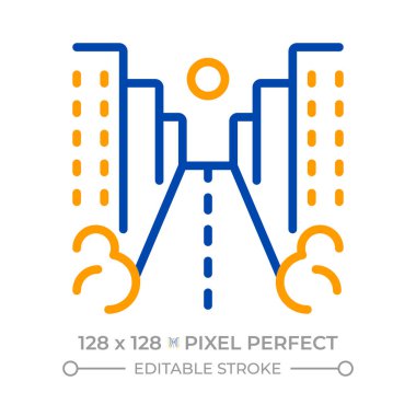 Sokak pikseli iki renk çizgisi simgesi. Çok katlı binalar ve garaj yolu olan bir şehir. Yol altyapısı iki renkli ana hat sembolü. Duotone lineer piktogram. İzole bir illüstrasyon. Düzenlenebilir vuruş