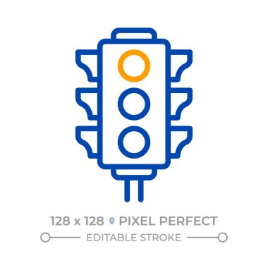 Trafik ışığı pikseli iki renk çizgisi simgesi. Otomatik sinyal cihazı. İyi yolculuklar. Yol altyapısı iki renkli ana hat sembolü. Duotone lineer piktogram. İzole bir illüstrasyon. Düzenlenebilir vuruş