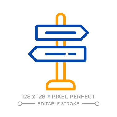 Yol işareti pikseli mükemmel iki renk çizgisi simgesi. Yön gösterici. Sürücüler için bilgi. Yönlendirme altyapısı çift renkli ana hat sembolü. Duotone lineer piktogram. İzole bir illüstrasyon. Düzenlenebilir vuruş