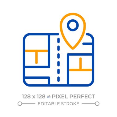 Sokak planları piksel olarak mükemmel iki renk çizgisi simgesi. Harita düzeni, isimler ve konumları gösteriyor. Yol altyapısı iki renkli ana hat sembolü. Duotone lineer piktogram. İzole bir illüstrasyon. Düzenlenebilir vuruş