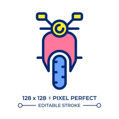 Motorcycle front view pixel perfect line color icon. Moto sport powerful vehicle. Two wheeled engine transport. Isolated vector illustration. Flat colorful symbol design. Editable stroke