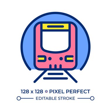 Metro pixel perfect line color icon. Train in subway tunnel. Railway passenger transport. Underground railroad. Isolated vector illustration. Flat colorful symbol design. Editable stroke