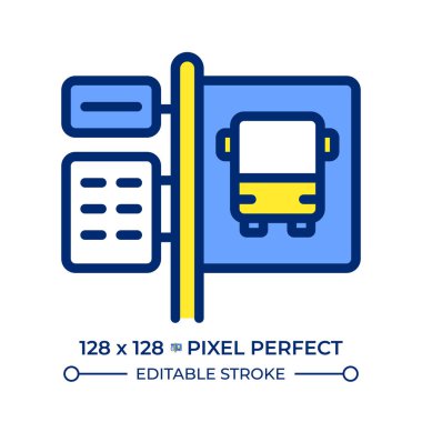 Otobüs durağı pikseli mükemmel çizgi renk simgesi. Toplu taşıma istasyonunda yol tabelası. Yolcular için bilgi. Şehir servisi. İzole vektör çizimi. Düz renkli sembol tasarımı. Düzenlenebilir vuruş