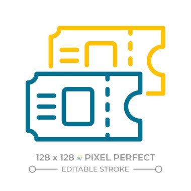 Bilet pikseli mükemmel iki renk çizgisi simgesi. Toplu taşıma makbuzları. Eğlence etkinliği çift renkli ana hatlı sembolüne geç. Duotone lineer piktogram. İzole bir illüstrasyon. Düzenlenebilir vuruş
