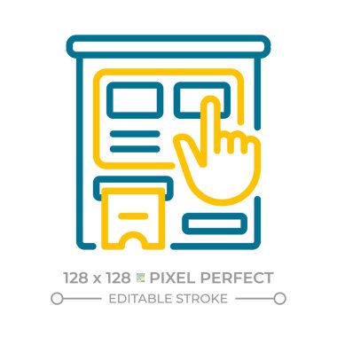 Bilet makinesi piksel mükemmel iki renk çizgisi simgesi. Otomatik kiosk, taşıma hizmeti bicolor ana hatları için yapılan ödemeyi onaylıyor. Duotone lineer piktogram. İzole bir illüstrasyon. Düzenlenebilir vuruş