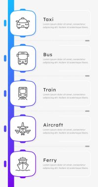 Toplu taşıma türleri kare mavi gradyan dikey bilgi bilgisi 5 adım. Yolcu taşımacılığı. Araçlarla seyahat etmek. Düzenlenebilir ince çizgi simgeleri diyagramı işlemi. Kullanılan Lexend Montserrat yazı tipi