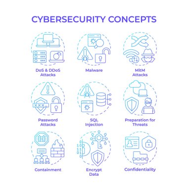 Siber güvenlik mavi gradyan konsept simgeleri. İğne, kişisel mahremiyet. Ddos saldırısı. İnternet koruması. Simge paketi. Vektör görüntüleri. Broşür ve kitapçık için yuvarlak şekilli çizimler. Soyut fikir