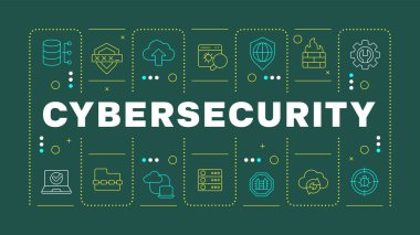 Siber güvenlik yeşil kelime konsepti. Veri gizliliği, ağ güvenliği. Bulut servisi. Yatay vektör görüntüsü. Düzenlenebilir taslak simgelerle çevrili başlık metni. İnbot Sans yazı tipi kullanıldı