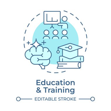 Eğitim ve eğitim, yumuşak mavi kavram ikonu. Çalışan eğitimi, profesyonel gelişim. Şirket koçu. Yuvarlak şekil çizimi. Soyut bir fikir. Grafik tasarımı. Makalede kullanması kolay