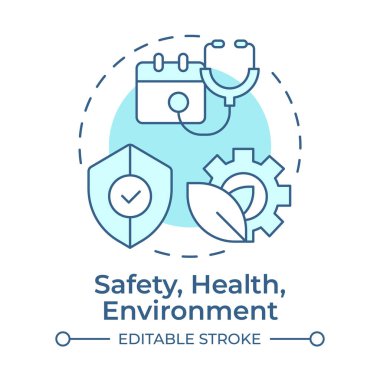 Güvenlik, sağlık, çevre, yumuşak mavi kavram ikonu. Güvenlik yönetimi, düzenleyici uyum. Tıbbi bakım. Yuvarlak şekil çizimi. Soyut bir fikir. Grafik tasarımı. Makalede kullanması kolay