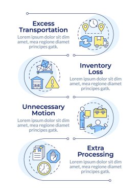 Atık üretimi, dikey dikey bilgi dizisi. Görev yönetimi, belge kontrolü. 4 adımlı görselleştirme bilgi tablosu. Daireler iş akışı. Montserrat Yarı Kalın, Lato Düzenli yazı tipleri