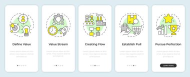 Seyyar uygulama ekranında yassı üretim prensipleri. Doğrusal kavramlarla düzenlenebilir grafik yönergelerini 5 adımda gezdir. UI, UX, GUI. Montserrat Yarı Kalın, Düzenli yazı tipleri