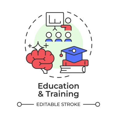 Eğitim ve eğitim çok renkli konsept ikonu. Çalışan eğitimi, profesyonel gelişim. Şirket koçu. Yuvarlak şekil çizimi. Soyut bir fikir. Grafik tasarımı. Makalede kullanması kolay