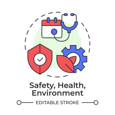 Güvenlik, sağlık, çevre çok renkli konsept ikonu. Güvenlik yönetimi, düzenleyici uyum. Tıbbi bakım. Yuvarlak şekil çizimi. Soyut bir fikir. Grafik tasarımı. Makalede kullanması kolay