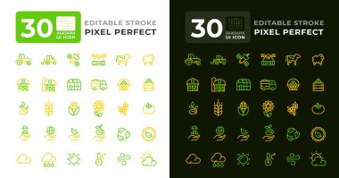 Aydınlık ve karanlık mod için ayarlanmış renkli ui simgelerini toplayın. Ekin üretimi. Doğal gıda üretimi, çevresel bakım. Çiftçilik teknolojileri ışık ve karanlık mod için ayarlanmış ui çizgi simgeleri