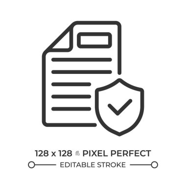 Dosya güvenlik pikseli mükemmel satır simgesi. Doğrulanmış belge, uyum standartları. Veri şifreleme, erişim kontrolü. İzole vektör çizimi. Taslak sembol. Basit doğrusal çizim. Düzenlenebilir vuruş