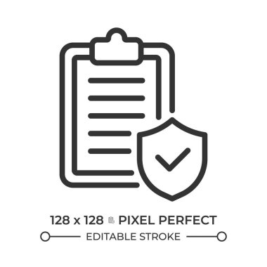 Sigorta poliçesi pikseli mükemmel çizgi simgesi. Doğrulanmış belgeler, çalışan sözleşmesi. Belge yönetimi. İzole vektör çizimi. Taslak sembol. Basit doğrusal çizim. Düzenlenebilir vuruş