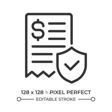 Politika anlaşması pikseli mükemmel çizgi simgesi. Sigorta poliçesi, ödeme güvenliği. Finansal koruma. Vergi faturası. İzole vektör çizimi. Taslak sembol. Basit doğrusal çizim. Düzenlenebilir vuruş