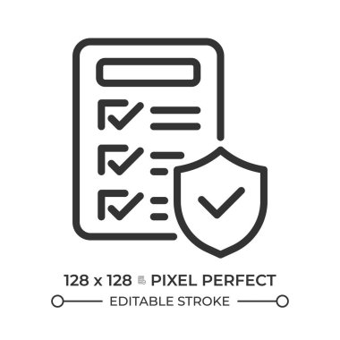Doğrulanmış politikalar piksel mükemmel çizgi simgesi. Kurallara uyma, gizlilik koruması. Belgeleri güvene alın. İzole vektör çizimi. Taslak sembol. Basit doğrusal çizim. Düzenlenebilir vuruş