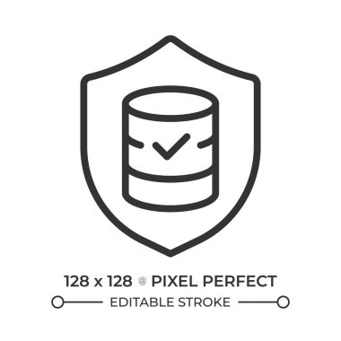 Veritabanı güvenlik pikseli mükemmel satır simgesi. Veri koruması, güvenlik standartları. Bilgi doğrulama. İzole vektör çizimi. Taslak sembol. Basit doğrusal çizim. Düzenlenebilir vuruş