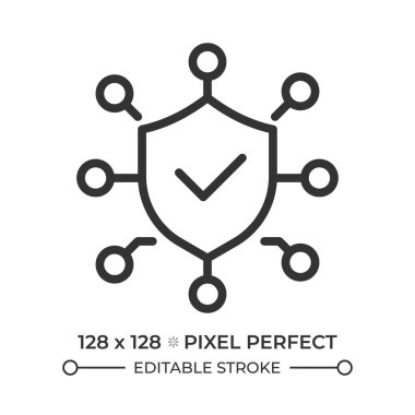 Veri koruma pikseli mükemmel çizgi simgesi. Ağ güvenliği, veri sistemi. Doğrulanmış bağlantı. İşaretle. İzole vektör çizimi. Taslak sembol. Basit doğrusal çizim. Düzenlenebilir vuruş