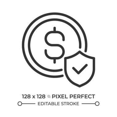 Para koruma pikseli mükemmel çizgi simgesi. Güvenli mali işlemler, güvenli sistem. Muhafız varlıkları. İzole vektör çizimi. Taslak sembol. Basit doğrusal çizim. Düzenlenebilir vuruş