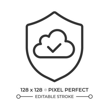 Güvenli bulut depolama pikseli mükemmel çizgi simgesi. İnternet güvenliği, güvenlik önlemleri. Dijital varlık. İzole vektör çizimi. Taslak sembol. Basit doğrusal çizim. Düzenlenebilir vuruş