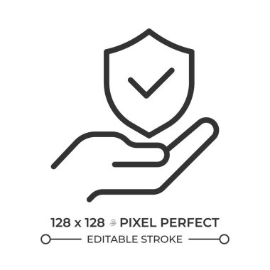 Güvenlik teminatı pikseli mükemmel çizgi simgesi. Bir kalkan ile el. Onaylanmış hedef. Güvenlik garantisi. Veri koruması. İzole vektör çizimi. Taslak sembol. Basit doğrusal çizim. Düzenlenebilir vuruş