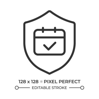 Güvenli zamanlama piksel mükemmel çizgi simgesi. Takviyeli kalkan. Sigorta süresi, garanti geçerliliği. İzole vektör çizimi. Taslak sembol. Basit doğrusal çizim. Düzenlenebilir vuruş