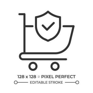 Çevrimiçi güvenlik pikseli mükemmel çizgi simgesi satın alıyor. Onaylanmış işaretli alışveriş arabası. Müşteri hizmetleri. İzole vektör çizimi. Taslak sembol. Basit doğrusal çizim. Düzenlenebilir vuruş