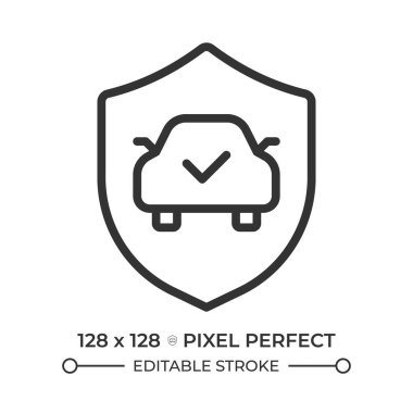 Araba sigortası pikseli mükemmel çizgi simgesi. Otomobil güvenliği, araç koruması. Güvenlik denetimi. İşaretle. İzole vektör çizimi. Taslak sembol. Basit doğrusal çizim. Düzenlenebilir vuruş