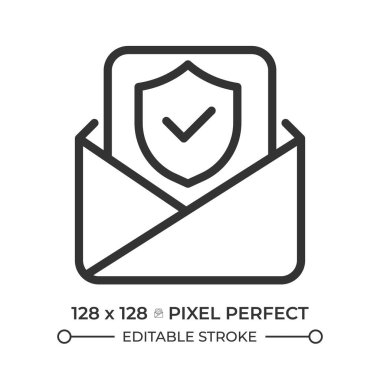 E- posta güvenliği pikseli mükemmel satır simgesi. Güvenli mesaj, şifreli iletişim. Güvenlik kontrolü. İzole vektör çizimi. Taslak sembol. Basit doğrusal çizim. Düzenlenebilir vuruş