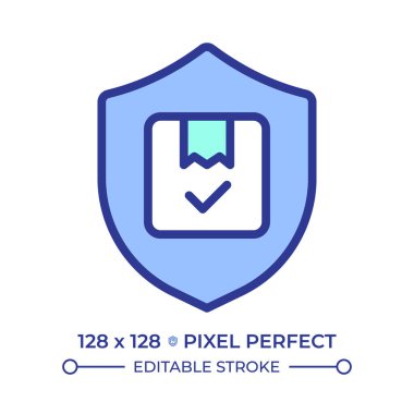 Güvenli dağıtım piksel mükemmel çizgi renk simgesi. Nakliye koruması, paket doğrulama. Lojistik servisi. İzole vektör çizimi. Düz renkli sembol tasarımı. Düzenlenebilir vuruş