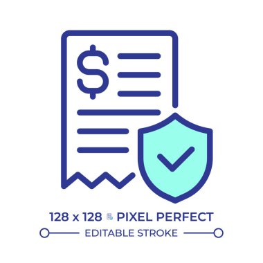 Politika anlaşması pikseli mükemmel çizgi renk simgesi. Sigorta poliçesi, ödeme güvenliği. Finansal koruma. Vergi faturası. İzole vektör çizimi. Düz renkli sembol tasarımı. Düzenlenebilir vuruş