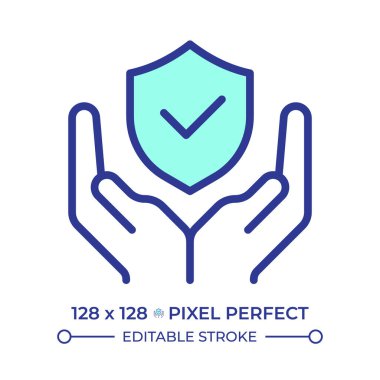 Kişisel güvenlik pikseli mükemmel çizgi renk simgesi. Doğrulanmış bir kalkanla eller. Kalite kontrol, güvenlik düzenlemesi. İzole vektör çizimi. Düz renkli sembol tasarımı. Düzenlenebilir vuruş