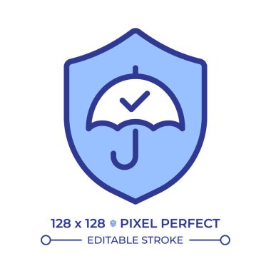 Doğrulanmış güvenlik pikseli mükemmel çizgi renk simgesi. Kalkanlı bir şemsiye. Güvenlik önlemleri, risk yönetimi. İzole vektör çizimi. Düz renkli sembol tasarımı. Düzenlenebilir vuruş
