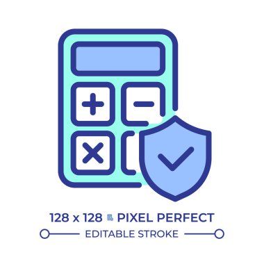 Güvenli hesaplama piksel mükemmel çizgi renk simgesi. Doğrulanmış kalkanlı bir hesap makinesi. Finansal araçlar, veri yönetimi. İzole vektör çizimi. Düz renkli sembol tasarımı. Düzenlenebilir vuruş