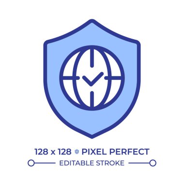 Dünya çapında erişim piksel mükemmel çizgi renk simgesi. Küresel güvenlik. Uluslararası standart, onaylı statü. İzole vektör çizimi. Düz renkli sembol tasarımı. Düzenlenebilir vuruş